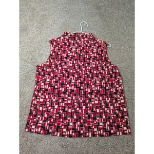 JKLA California Red Black Geometric Square Mock Neck Sleeveless Blouse Large